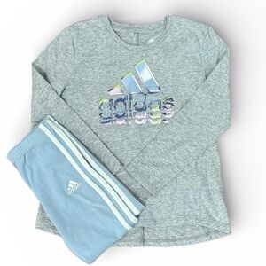 Adidas Girls 2-Piece Set Size 5 Long Sleeve Logo Tee & Blue Stripe Leggings
